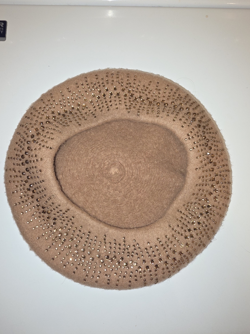 Jessica McClintock Tan Beret with Gold Rhinestone Detail